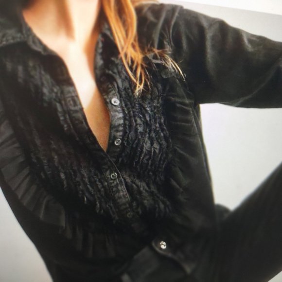 NWT Anthropologie Pilcro Tulle Buttondown Ruffle Lace Tuxedo Yolk BLACK Size XS - Picture 2 of 15